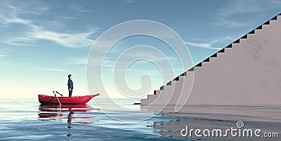 Man in a boat looking at stairs Cartoon Illustration