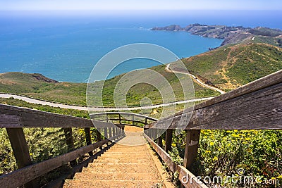 Stairs descending from the top of Hawk Hill; Marin Headlands Stock Photo
