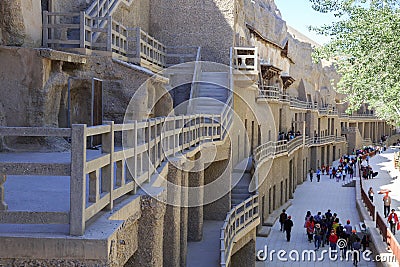 Stairs and entrance of Mogao caves in Dunhuang Editorial Stock Photo