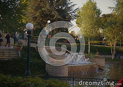 Stairs with Fountain and Lampposts Editorial Stock Photo