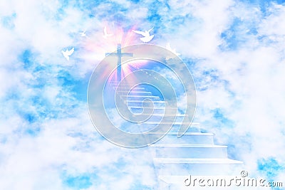 Stairs leading to the sky with cross and flying doves Stock Photo