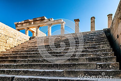 Stairs into the Lindos acropolis in Rhodes island in Greece Editorial Stock Photo
