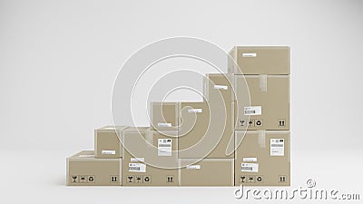 Stairs made of Cardboard Boxes For Package, Shipping and Delivery, With Signs and Labels, White Background, Frontal View Stock Photo