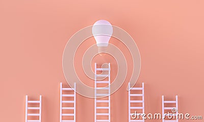 Stairs reaching a light bulb in a minimalist pastel orange background. idea, brainstorming, inspiration concept. 3D rendering Stock Photo