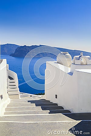 Stairs, Sea view from Santorini island, Greece Stock Photo