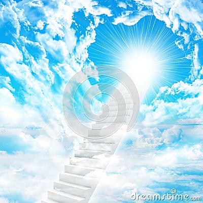 Stairs in sky with clouds and sun Stock Photo