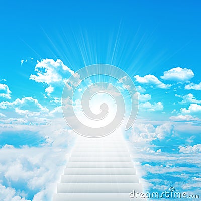 Stairs in sky with clouds and sun Stock Photo