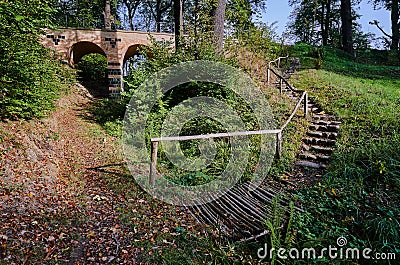 Stairs and stone viaduct in the park Muskauer Stock Photo