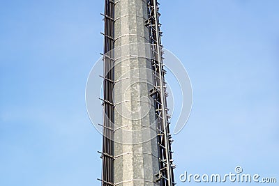 Stairs to the comunications pole with wires and cable Stock Photo