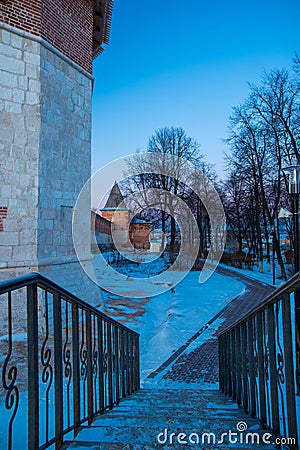 Stairs To Sidewalk Around Zaraisk Kremlin In Zaraysk, Moscow Region, Russia Close Up Stock Photo