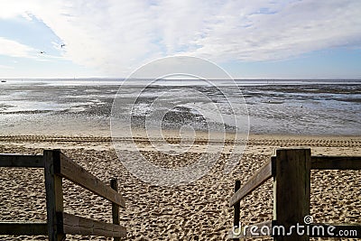 Stairs wood access beach in andernos city southwest France in arcachon basin bay Stock Photo