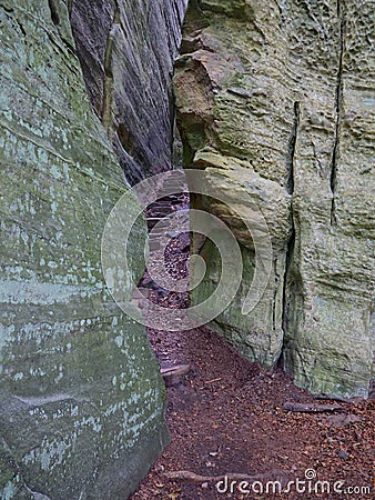 Stairway through a Crack between Rocks on the Mullerthal Trail in Berdorf, Luxembourg Stock Photo