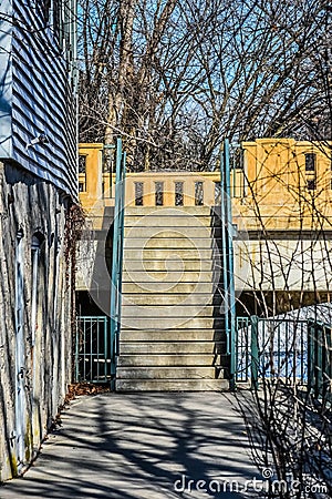 Stairway Leading to Riverwalk, Cedarburg, Wisconsin Stock Photo