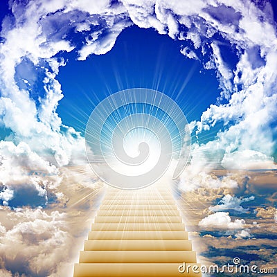 Stairway leading up to bright light Stock Photo