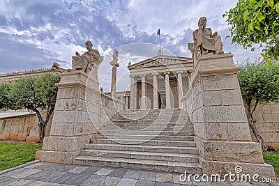 Plato and Socrates marble statues, Greek philosophers in front of the national university neoclassical buliding Stock Photo