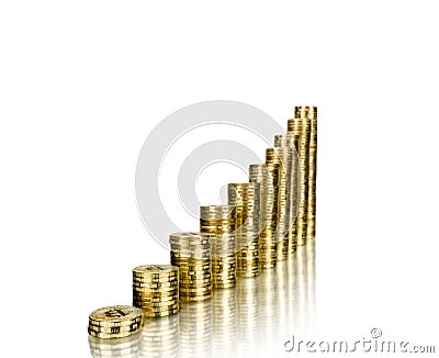Stairway of rouleau gold coin, on white background Stock Photo