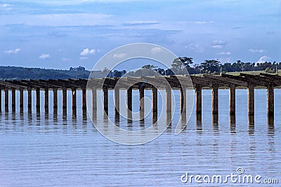 Stakes on the roof of the old railway station that was flooded by the dam of a Hydroelectric Plant on the ParanÃ¡ River Stock Photo