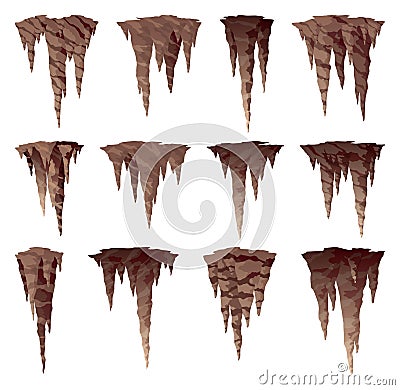 Stalactite. Icicle shaped hanging mineral formations in cave. Nature brown limestone, material stone icon. Natural Vector Illustration