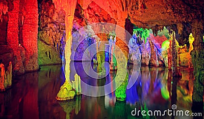 Stalactite and water in karst cave of Gui lin,china Stock Photo