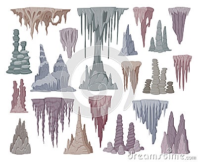 Stalagmite and stalactite limestone stones. Cartoon growth stalagmite formations, underground stalactite icicles flat vector Vector Illustration