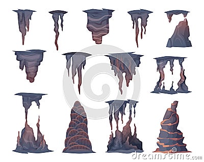 Stalagmite stones. Mountains natural rocks objects in cave exact vector collection set Vector Illustration