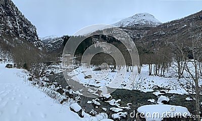 River running from Stalheimsfossen waterfall in Naeroydalen valley, Norway Stock Photo