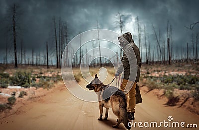 Stalker and dog, survivors after nuclear war Stock Photo
