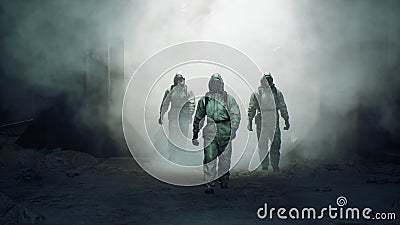 Stalkers in military protective clothing and a gas mask are walking along an abandoned and deserted metro. The concept Stock Photo