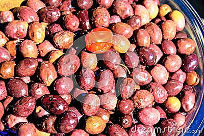 Stall with Greek Kalamon olives at street market Stock Photo