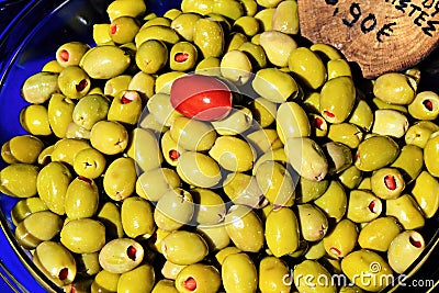 Stall with Greek olives at street market in Athens, Greece Stock Photo