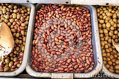Stall with Kalamata or Kalamon olives at street market Stock Photo