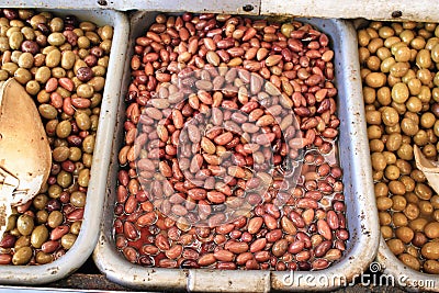 Stall with Kalamata or Kalamon olives at street market Stock Photo