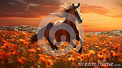 stallion horse and flowers Cartoon Illustration