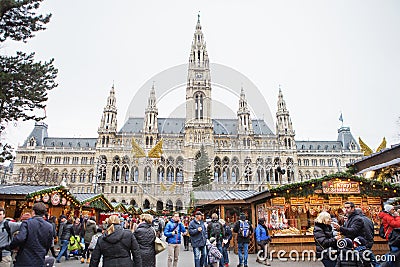 Stalls at the Christmas Market at Rathaus in Vienna at Christmas. Merry christmas, cute festive decoration, beautiful toys for new Editorial Stock Photo