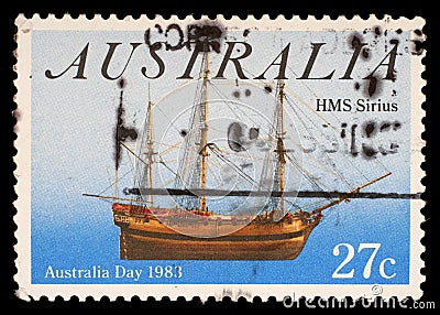 Stamp from Australia shows image of the ship HMS Sirius Editorial Stock Photo
