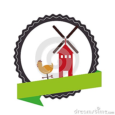 Stamp border with colorful silhouette windmill and hen with label Vector Illustration
