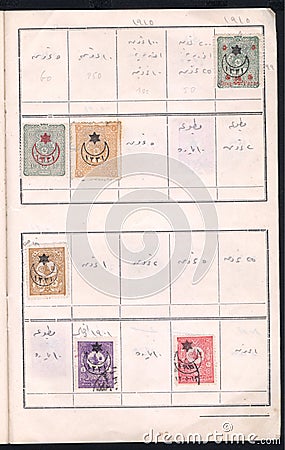 Stamp collection book, pages and various stamps. Ottoman Empire postage stamps. Editorial Stock Photo