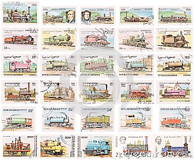 Stamp Collection: Steam Locomotives Editorial Stock Photo