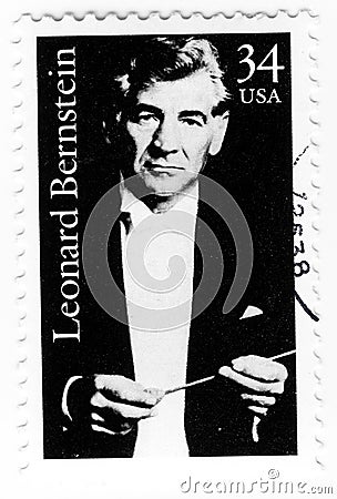 Stamp with composer Leonard Bernstain Editorial Stock Photo