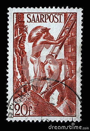 Stamp from Germany area Saar shows Building workers Editorial Stock Photo