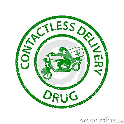 Stamp grunge rubber CONTACTLESS DELIVERY DRUG in green. Seal of Contactless delivery drug with Man in medical mask on motorcyc Vector Illustration