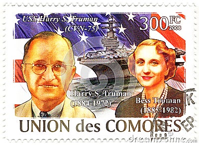 Stamp with Harry Truman and his wife Bess Editorial Stock Photo