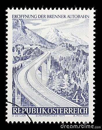 Stamp issued in the Austria shows the Brenner Highway - Europabrucke part of the Brenner Motorway Editorial Stock Photo