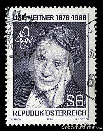 Stamp issued in the Austria shows Lise Meitner1878-1968 atomic physicist, the 100th Anniversary of the Birth Editorial Stock Photo