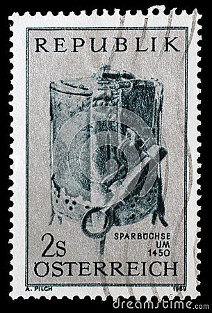 Stamp issued in the Austria shows Money box, World Savings Day Editorial Stock Photo