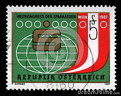 Stamp issued in the Austria shows Savings bank badge, globe and Austrian flag, World Convention of Savings Banks Vienna Editorial Stock Photo