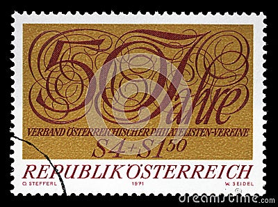 Stamp issued in the Austria shows the 50th Anniversary of the Austrian Philatelist Societies Association Editorial Stock Photo