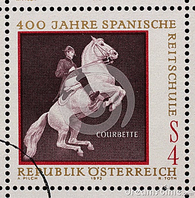 Stamp issued in the Austrian shows Equestrianism and horse riding Spanish Horse Riding School in Vienna - Courbette Editorial Stock Photo