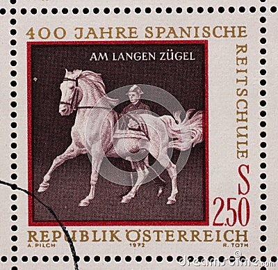 Stamp issued in the Austrian shows Equestrianism and horse riding Spanish Horse Riding School in Vienna - At Long Rein Editorial Stock Photo