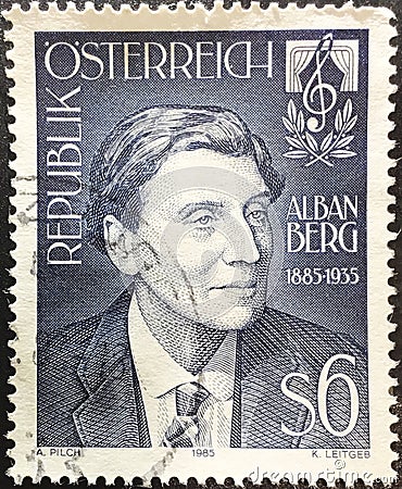 Stamp issued for the centenary of the birth of the Austrian composer Alban Berg Editorial Stock Photo